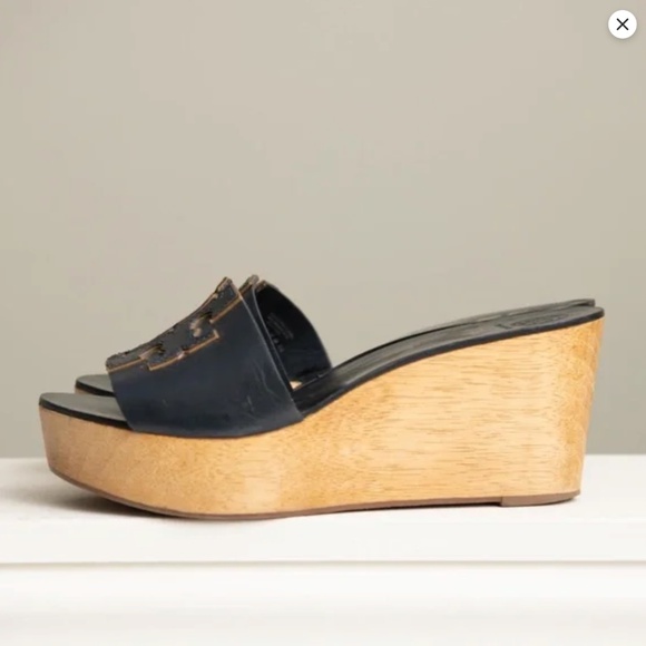 Tory Burch Wedge Leather Wood Platform Sandals LOGO Size 9 Slip On Heels - Picture 5 of 7